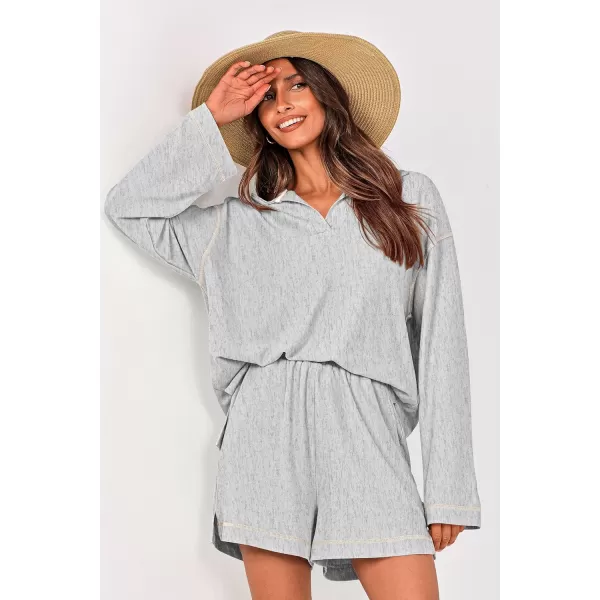 imagePRETTYGARDEN Womens 2023 Fall Two Piece Outfits Lounge Sets Tracksuit Long Sleeve Lapel Shirts Tops And Shorts With PocketsGrey