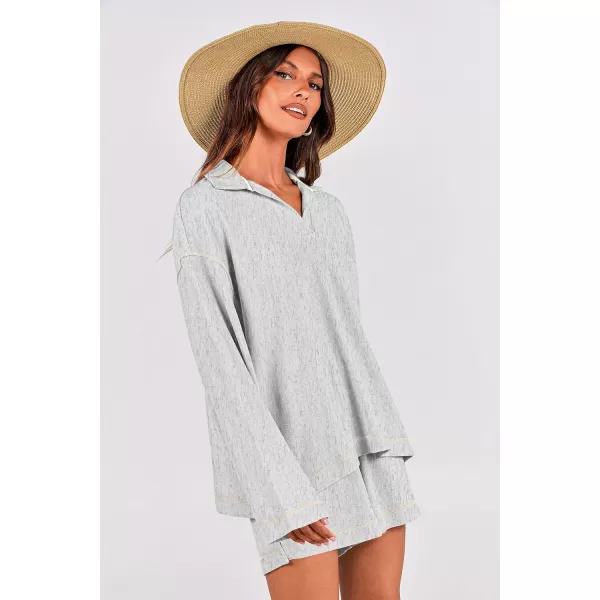 imagePRETTYGARDEN Womens 2023 Fall Two Piece Outfits Lounge Sets Tracksuit Long Sleeve Lapel Shirts Tops And Shorts With PocketsGrey