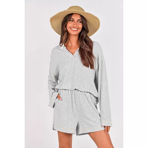 imagePRETTYGARDEN Womens 2023 Fall Two Piece Outfits Lounge Sets Tracksuit Long Sleeve Lapel Shirts Tops And Shorts With PocketsGrey