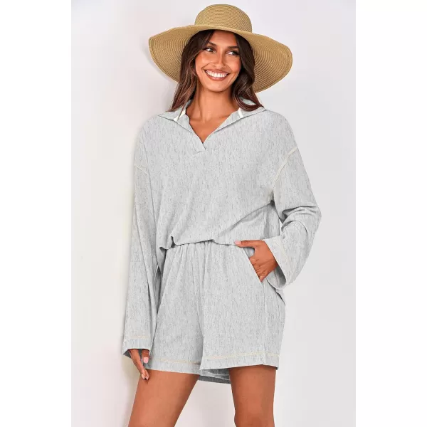 imagePRETTYGARDEN Womens 2023 Fall Two Piece Outfits Lounge Sets Tracksuit Long Sleeve Lapel Shirts Tops And Shorts With PocketsGrey