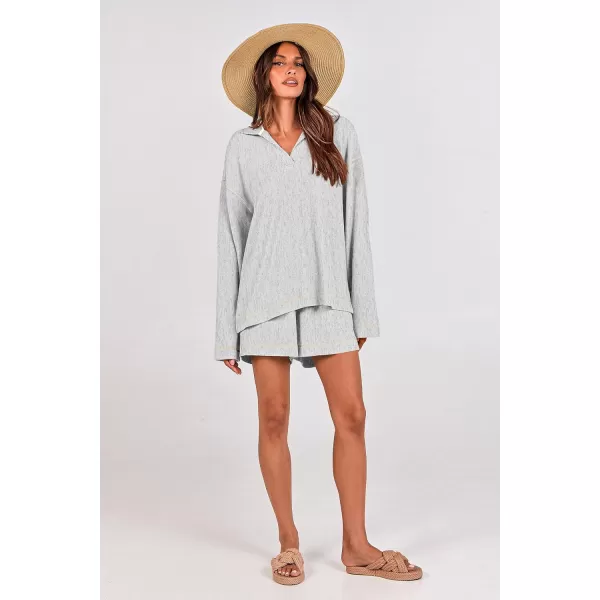 imagePRETTYGARDEN Womens 2023 Fall Two Piece Outfits Lounge Sets Tracksuit Long Sleeve Lapel Shirts Tops And Shorts With PocketsGrey