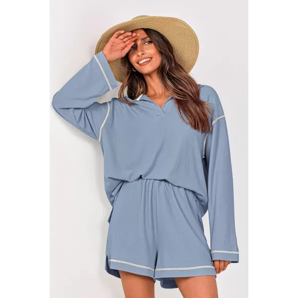 imagePRETTYGARDEN Womens 2023 Fall Two Piece Outfits Lounge Sets Tracksuit Long Sleeve Lapel Shirts Tops And Shorts With PocketsLight Blue