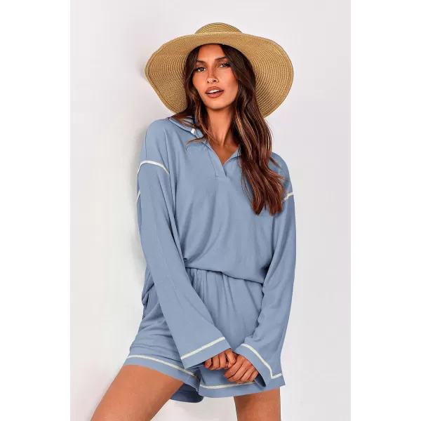 imagePRETTYGARDEN Womens 2023 Fall Two Piece Outfits Lounge Sets Tracksuit Long Sleeve Lapel Shirts Tops And Shorts With PocketsLight Blue