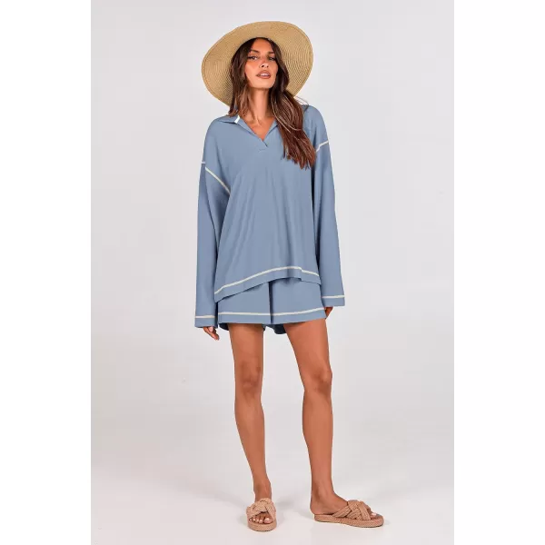 imagePRETTYGARDEN Womens 2023 Fall Two Piece Outfits Lounge Sets Tracksuit Long Sleeve Lapel Shirts Tops And Shorts With PocketsLight Blue