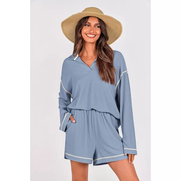 imagePRETTYGARDEN Womens 2023 Fall Two Piece Outfits Lounge Sets Tracksuit Long Sleeve Lapel Shirts Tops And Shorts With PocketsLight Blue