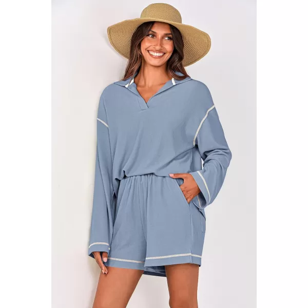 imagePRETTYGARDEN Womens 2023 Fall Two Piece Outfits Lounge Sets Tracksuit Long Sleeve Lapel Shirts Tops And Shorts With PocketsLight Blue