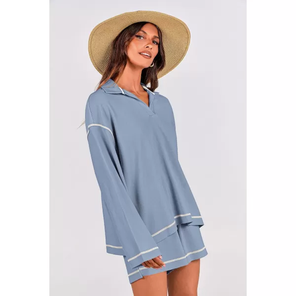 imagePRETTYGARDEN Womens 2023 Fall Two Piece Outfits Lounge Sets Tracksuit Long Sleeve Lapel Shirts Tops And Shorts With PocketsLight Blue
