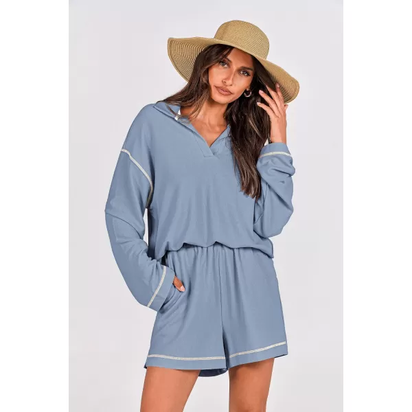 imagePRETTYGARDEN Womens 2023 Fall Two Piece Outfits Lounge Sets Tracksuit Long Sleeve Lapel Shirts Tops And Shorts With PocketsLight Blue