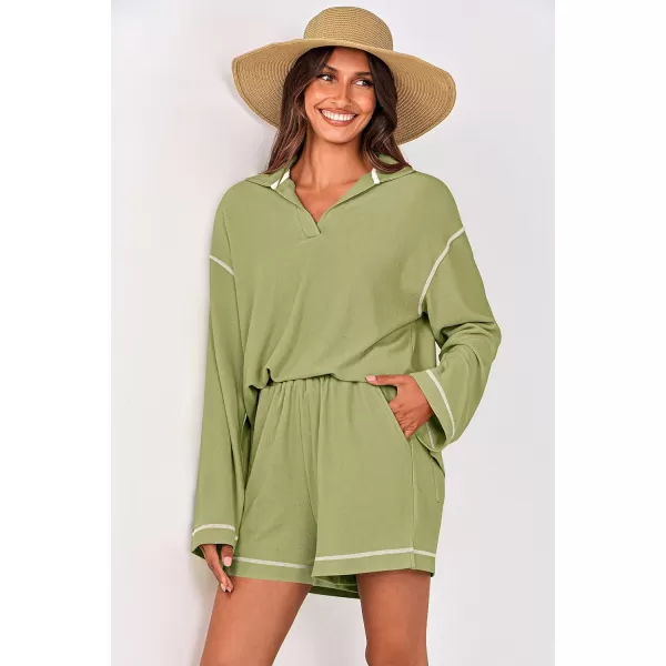 imagePRETTYGARDEN Womens 2023 Fall Two Piece Outfits Lounge Sets Tracksuit Long Sleeve Lapel Shirts Tops And Shorts With PocketsLight Green