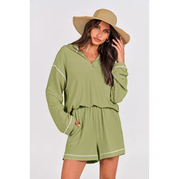imagePRETTYGARDEN Womens 2023 Fall Two Piece Outfits Lounge Sets Tracksuit Long Sleeve Lapel Shirts Tops And Shorts With PocketsLight Green