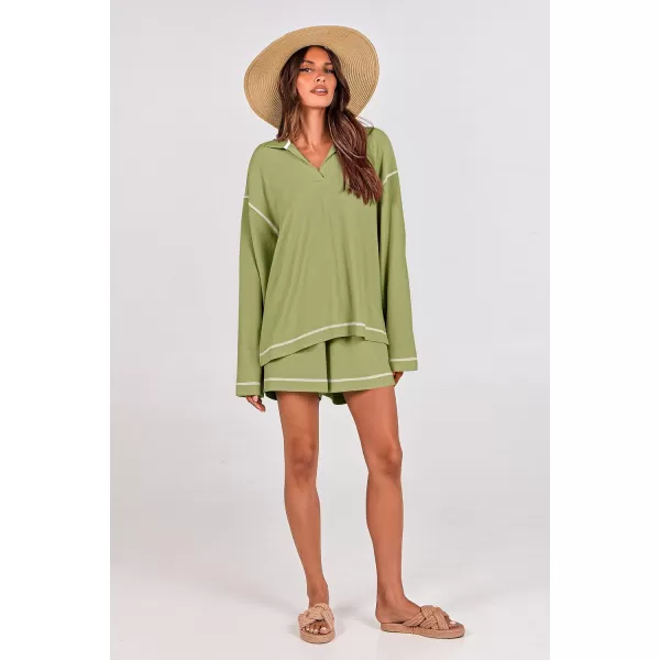 imagePRETTYGARDEN Womens 2023 Fall Two Piece Outfits Lounge Sets Tracksuit Long Sleeve Lapel Shirts Tops And Shorts With PocketsLight Green