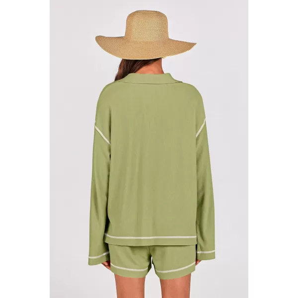imagePRETTYGARDEN Womens 2023 Fall Two Piece Outfits Lounge Sets Tracksuit Long Sleeve Lapel Shirts Tops And Shorts With PocketsLight Green