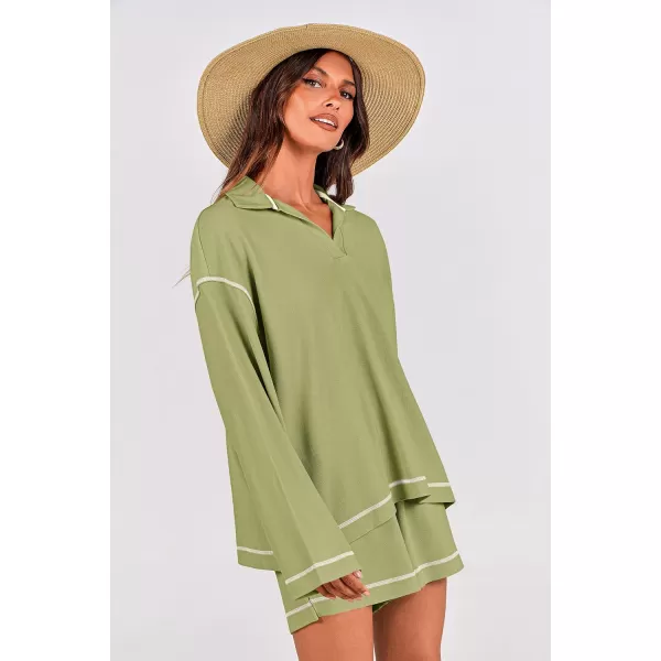 imagePRETTYGARDEN Womens 2023 Fall Two Piece Outfits Lounge Sets Tracksuit Long Sleeve Lapel Shirts Tops And Shorts With PocketsLight Green
