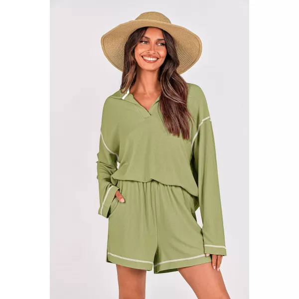 imagePRETTYGARDEN Womens 2023 Fall Two Piece Outfits Lounge Sets Tracksuit Long Sleeve Lapel Shirts Tops And Shorts With PocketsLight Green