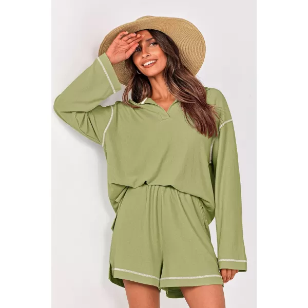 imagePRETTYGARDEN Womens 2023 Fall Two Piece Outfits Lounge Sets Tracksuit Long Sleeve Lapel Shirts Tops And Shorts With PocketsLight Green