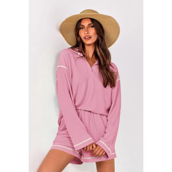 imagePRETTYGARDEN Womens 2023 Fall Two Piece Outfits Lounge Sets Tracksuit Long Sleeve Lapel Shirts Tops And Shorts With PocketsPink