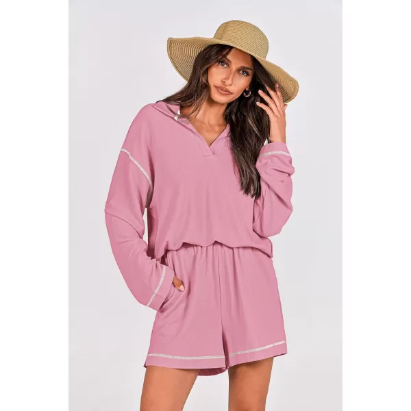 imagePRETTYGARDEN Womens 2023 Fall Two Piece Outfits Lounge Sets Tracksuit Long Sleeve Lapel Shirts Tops And Shorts With PocketsPink