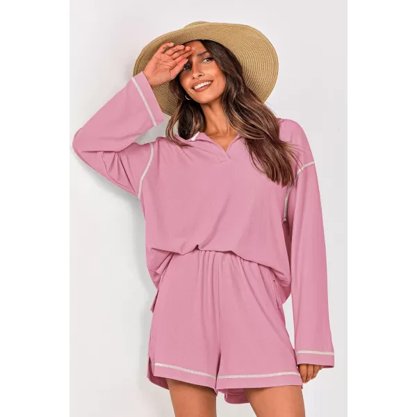 imagePRETTYGARDEN Womens 2023 Fall Two Piece Outfits Lounge Sets Tracksuit Long Sleeve Lapel Shirts Tops And Shorts With PocketsPink