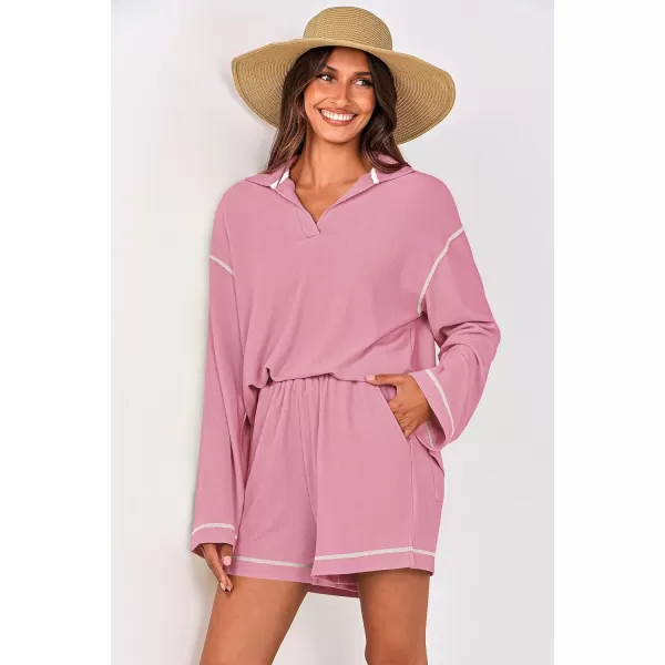 imagePRETTYGARDEN Womens 2023 Fall Two Piece Outfits Lounge Sets Tracksuit Long Sleeve Lapel Shirts Tops And Shorts With PocketsPink