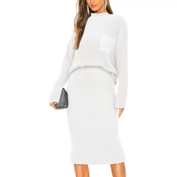 imagePRETTYGARDEN Womens 2023 Fall Two Piece Outfits Ribbed Knit Long Sleeve Pullover Sweater And Bodycon Midi Skirt SetsBeige White