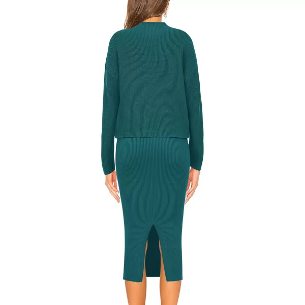 imagePRETTYGARDEN Womens 2023 Fall Two Piece Outfits Ribbed Knit Long Sleeve Pullover Sweater And Bodycon Midi Skirt SetsBlue Green
