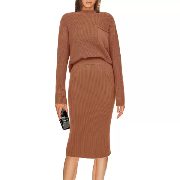 imagePRETTYGARDEN Womens 2023 Fall Two Piece Outfits Ribbed Knit Long Sleeve Pullover Sweater And Bodycon Midi Skirt SetsBrown
