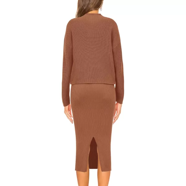 imagePRETTYGARDEN Womens 2023 Fall Two Piece Outfits Ribbed Knit Long Sleeve Pullover Sweater And Bodycon Midi Skirt SetsBrown
