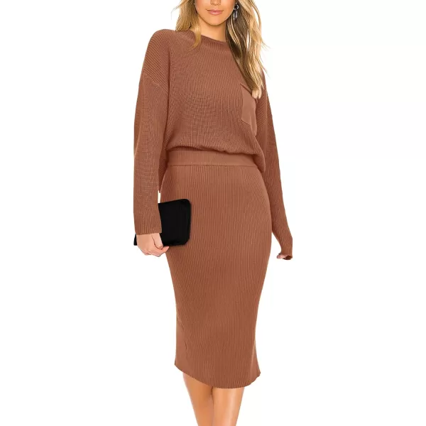 imagePRETTYGARDEN Womens 2023 Fall Two Piece Outfits Ribbed Knit Long Sleeve Pullover Sweater And Bodycon Midi Skirt SetsBrown