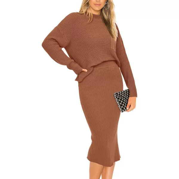 imagePRETTYGARDEN Womens 2023 Fall Two Piece Outfits Ribbed Knit Long Sleeve Pullover Sweater And Bodycon Midi Skirt SetsBrown