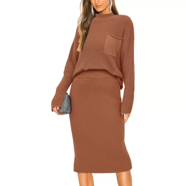 imagePRETTYGARDEN Womens 2023 Fall Two Piece Outfits Ribbed Knit Long Sleeve Pullover Sweater And Bodycon Midi Skirt SetsBrown