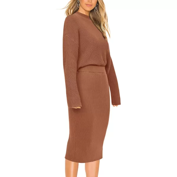 imagePRETTYGARDEN Womens 2023 Fall Two Piece Outfits Ribbed Knit Long Sleeve Pullover Sweater And Bodycon Midi Skirt SetsBrown