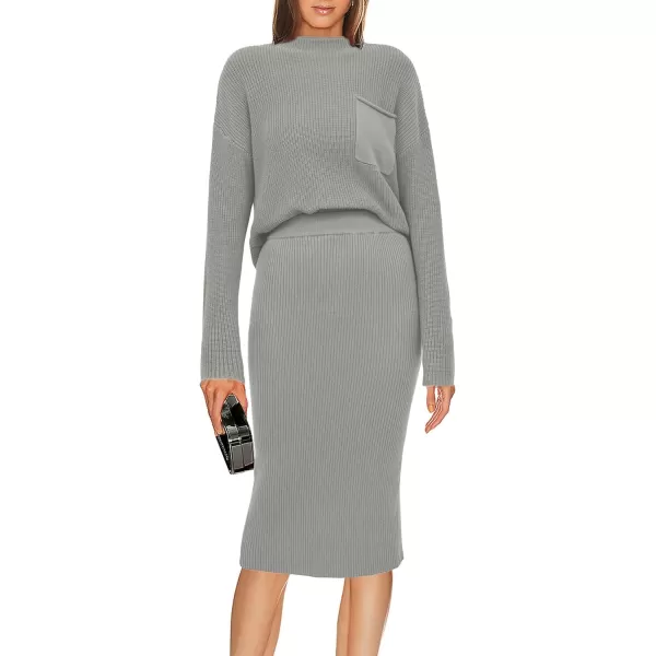 imagePRETTYGARDEN Womens 2023 Fall Two Piece Outfits Ribbed Knit Long Sleeve Pullover Sweater And Bodycon Midi Skirt SetsLight Grey