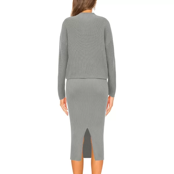 imagePRETTYGARDEN Womens 2023 Fall Two Piece Outfits Ribbed Knit Long Sleeve Pullover Sweater And Bodycon Midi Skirt SetsLight Grey