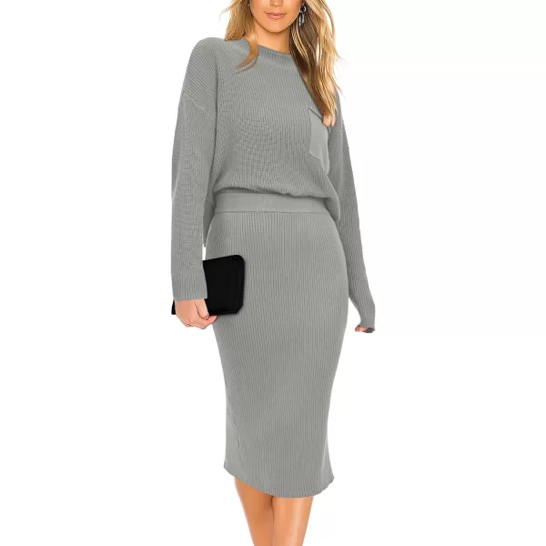 imagePRETTYGARDEN Womens 2023 Fall Two Piece Outfits Ribbed Knit Long Sleeve Pullover Sweater And Bodycon Midi Skirt SetsLight Grey