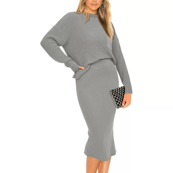imagePRETTYGARDEN Womens 2023 Fall Two Piece Outfits Ribbed Knit Long Sleeve Pullover Sweater And Bodycon Midi Skirt SetsLight Grey