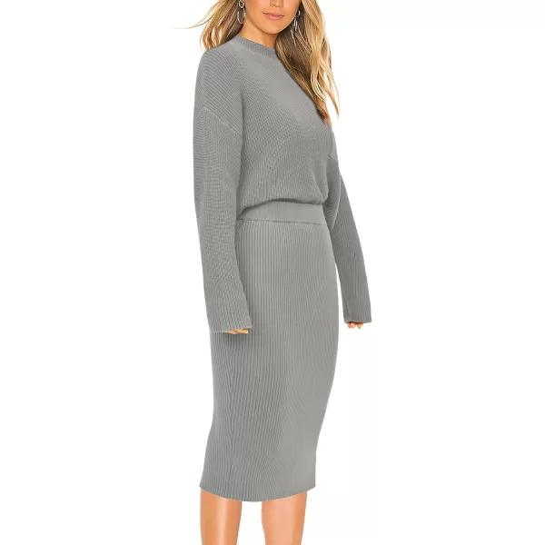 imagePRETTYGARDEN Womens 2023 Fall Two Piece Outfits Ribbed Knit Long Sleeve Pullover Sweater And Bodycon Midi Skirt SetsLight Grey