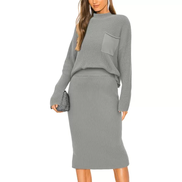 imagePRETTYGARDEN Womens 2023 Fall Two Piece Outfits Ribbed Knit Long Sleeve Pullover Sweater And Bodycon Midi Skirt SetsLight Grey