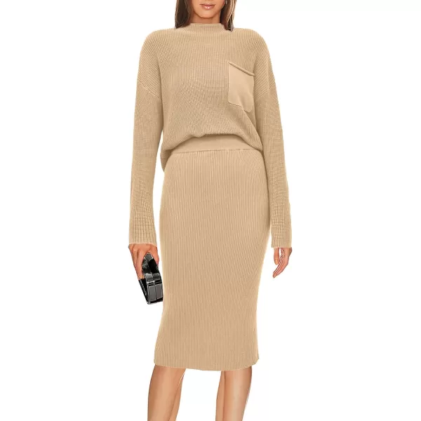 imagePRETTYGARDEN Womens 2023 Fall Two Piece Outfits Ribbed Knit Long Sleeve Pullover Sweater And Bodycon Midi Skirt SetsLight Khaki