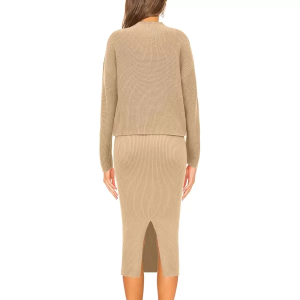 imagePRETTYGARDEN Womens 2023 Fall Two Piece Outfits Ribbed Knit Long Sleeve Pullover Sweater And Bodycon Midi Skirt SetsLight Khaki