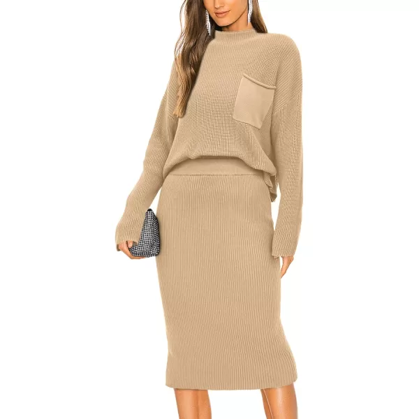 imagePRETTYGARDEN Womens 2023 Fall Two Piece Outfits Ribbed Knit Long Sleeve Pullover Sweater And Bodycon Midi Skirt SetsLight Khaki