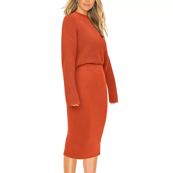 imagePRETTYGARDEN Womens 2023 Fall Two Piece Outfits Ribbed Knit Long Sleeve Pullover Sweater And Bodycon Midi Skirt SetsOrange
