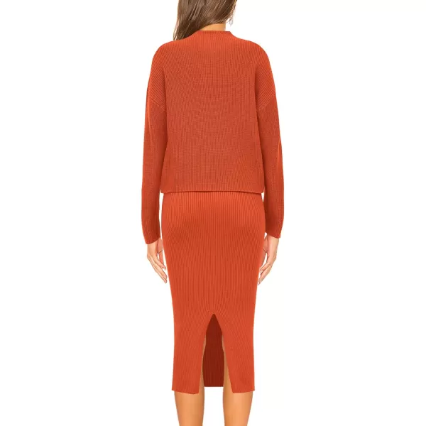 imagePRETTYGARDEN Womens 2023 Fall Two Piece Outfits Ribbed Knit Long Sleeve Pullover Sweater And Bodycon Midi Skirt SetsOrange