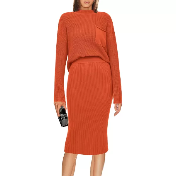 imagePRETTYGARDEN Womens 2023 Fall Two Piece Outfits Ribbed Knit Long Sleeve Pullover Sweater And Bodycon Midi Skirt SetsOrange