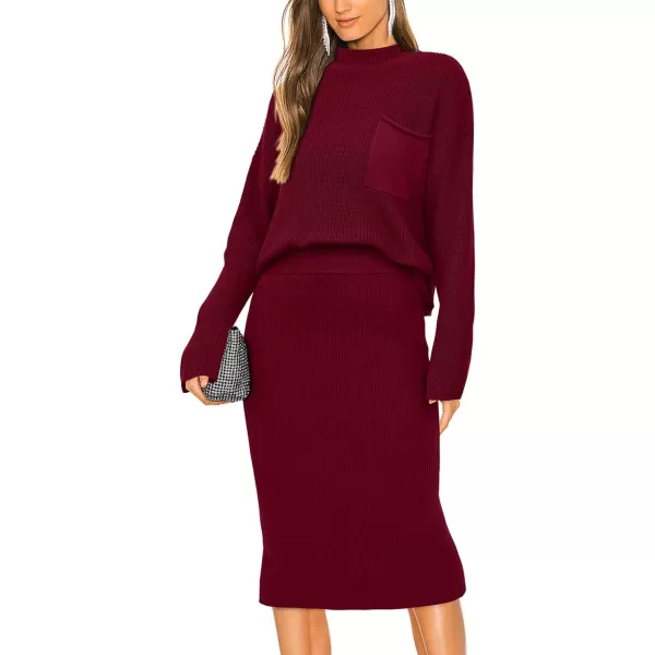 imagePRETTYGARDEN Womens 2023 Fall Two Piece Outfits Ribbed Knit Long Sleeve Pullover Sweater And Bodycon Midi Skirt SetsWine Red