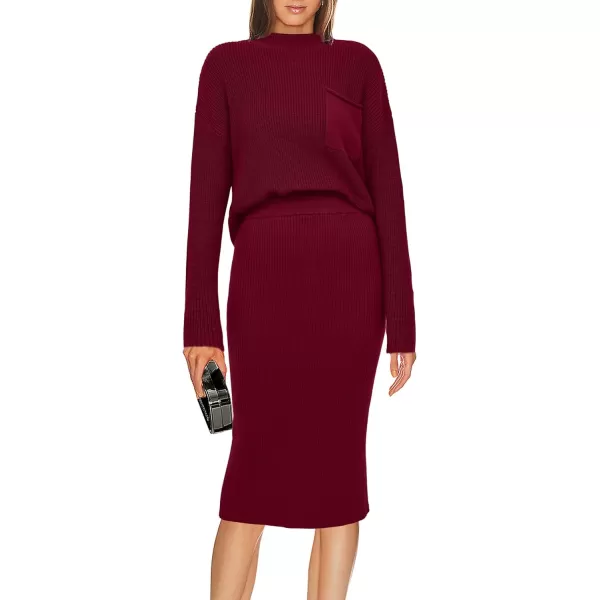 imagePRETTYGARDEN Womens 2023 Fall Two Piece Outfits Ribbed Knit Long Sleeve Pullover Sweater And Bodycon Midi Skirt SetsWine Red
