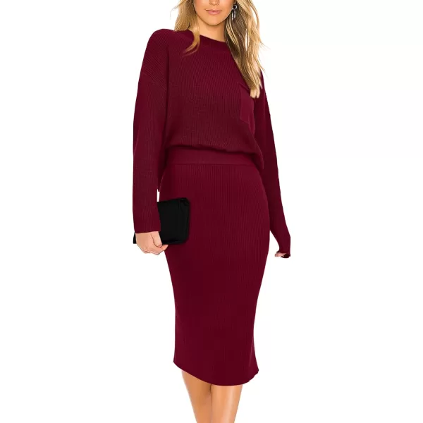 imagePRETTYGARDEN Womens 2023 Fall Two Piece Outfits Ribbed Knit Long Sleeve Pullover Sweater And Bodycon Midi Skirt SetsWine Red