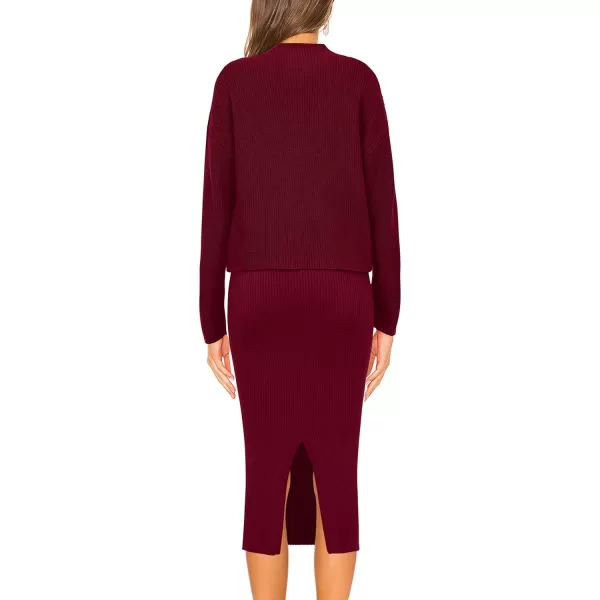 imagePRETTYGARDEN Womens 2023 Fall Two Piece Outfits Ribbed Knit Long Sleeve Pullover Sweater And Bodycon Midi Skirt SetsWine Red