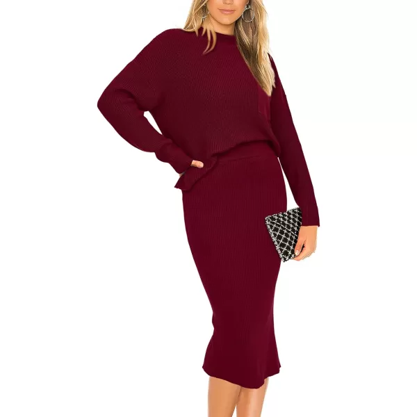 imagePRETTYGARDEN Womens 2023 Fall Two Piece Outfits Ribbed Knit Long Sleeve Pullover Sweater And Bodycon Midi Skirt SetsWine Red