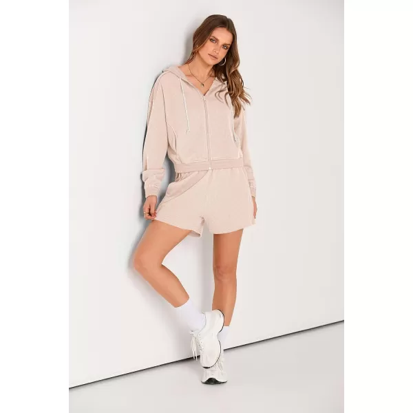 imagePRETTYGARDEN Womens 2023 Fall Two Piece Outfits Waffle Knit Tracksuit Long Sleeve Zip Up Hoodie And Shorts Set Y2K SweatsuitBeige