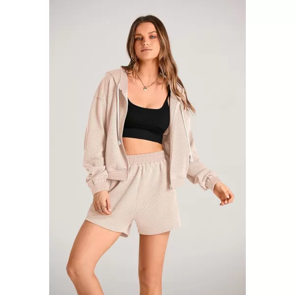 imagePRETTYGARDEN Womens 2023 Fall Two Piece Outfits Waffle Knit Tracksuit Long Sleeve Zip Up Hoodie And Shorts Set Y2K SweatsuitBeige